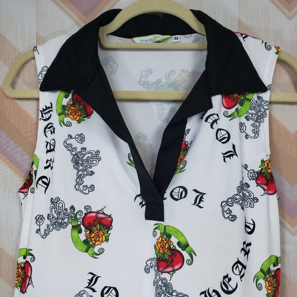 Heart & roses print sleeveless knit stretch top - Picture 2 of 4